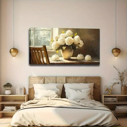 Vintage White Hydrangea Flower Wall Art canvas office home room framed 120x60cm - Bella Home Decor