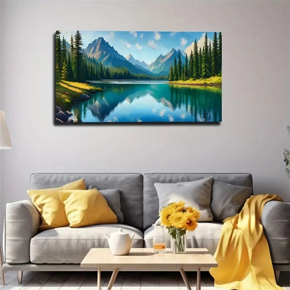 Serene Mountain Lake Scene Pine Wall Art Canvas Office Home Room Framed 120x60cm
