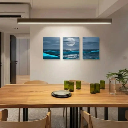 3pcs Moonlit Ocean Waves Full Moon Metal Print Ready to Hang Art - Bella Home Decor