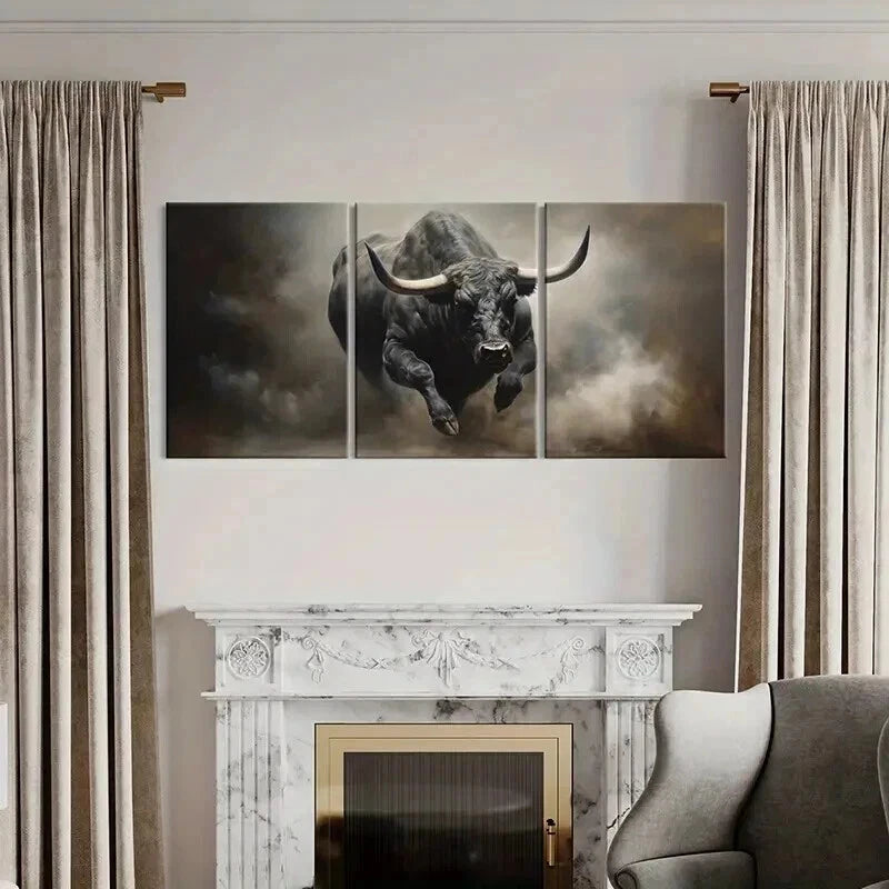 3pcs Black Bison Bull Cow Retro Farmhouse Wall Art Set Canvas Framed 60x90cm - High Quality Print 100% Australian Made Wall Canvas Ready to Hang - Bella Home Decor
