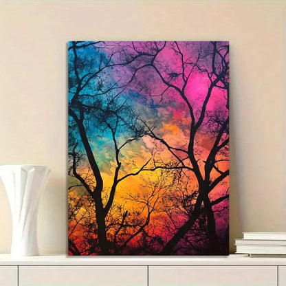 Rainbow Sky, Trees with Branches, Colorful Background 40x60cm Metal Print Ready to Hang