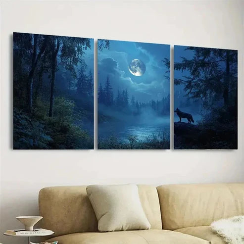 3pcs Nature Scene, Forest Wolf with Full Moon Wall Art Set Canvas Unframed - High Quality Print 100% Australian Made Wall Canvas - Bella Home Decor