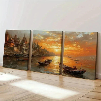 3pcs Sunset Cityscape with Golden Sky Reflection Wall Art Set Canvas Framed 60x90cm - High Quality Print 100% Australian Made Wall Canvas Ready to Hang - Bella Home Decor