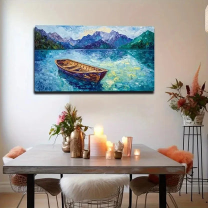 Serene Boat On Lake Vibrant Wall Art Canvas Office Home Room Framed 120x60cm