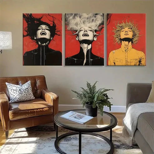 3pcs Dramatic Faces with Surreal Hair Perfect Wall Art Set Canvas Unframed - High Quality Print 100% Australian Made Wall Canvas - Bella Home Decor