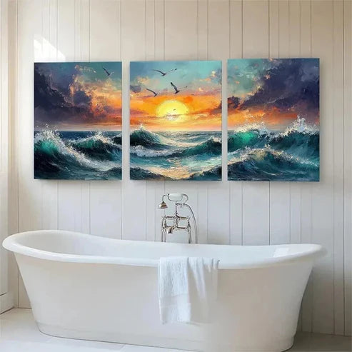 3pcs Ocean Sunset Fiery Sky & Seagulls Perfect Wall Art Canvas Unframed – High Quality Print 100% Australian Made Wall Canvas
