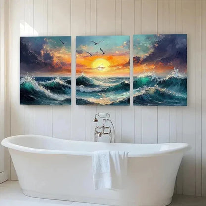 3pcs Ocean Sunset Fiery Sky & Seagulls Perfect Wall Art Canvas Unframed – High Quality Print 100% Australian Made Wall Canvas