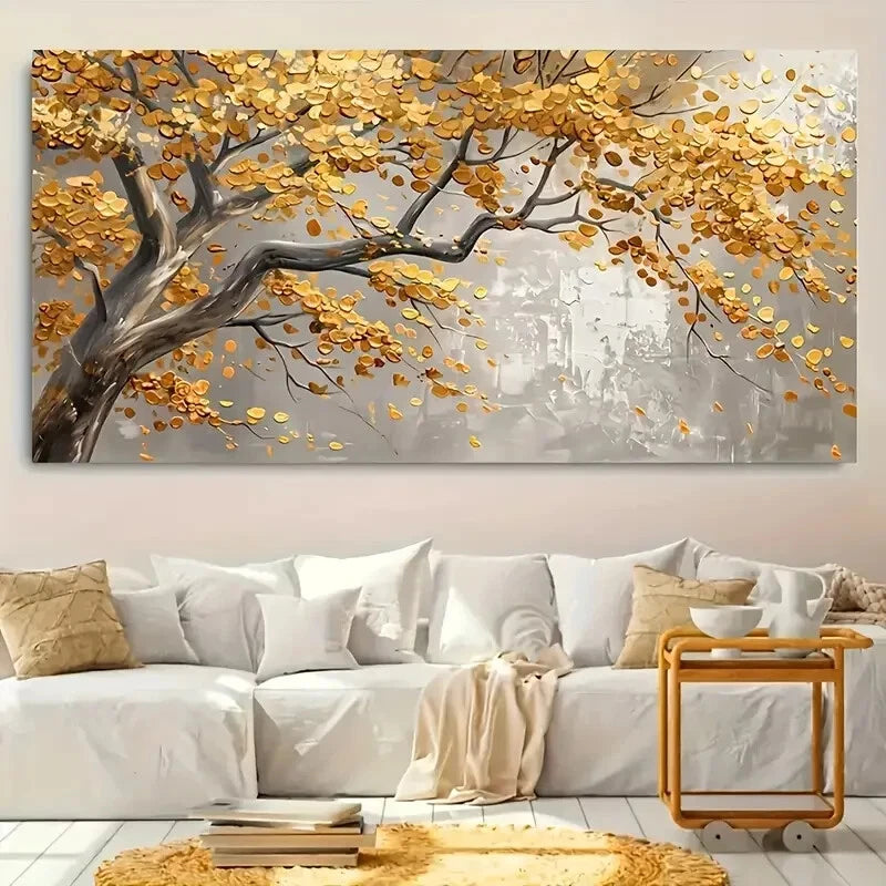 Abstract Gold Leaf Plant  wall canvas office home room framed 120x60cm - Bella Home Decor