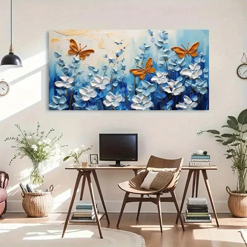 Botanical & Butterfly White Wall Art Canvas Office Home Room Framed 120x60cm - Bella Home Decor