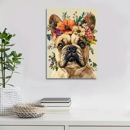 Flowers And Plants Cute Bulldog Dog Painting 40x60cm Metal Print Ready to Hang - Bella Home Decor