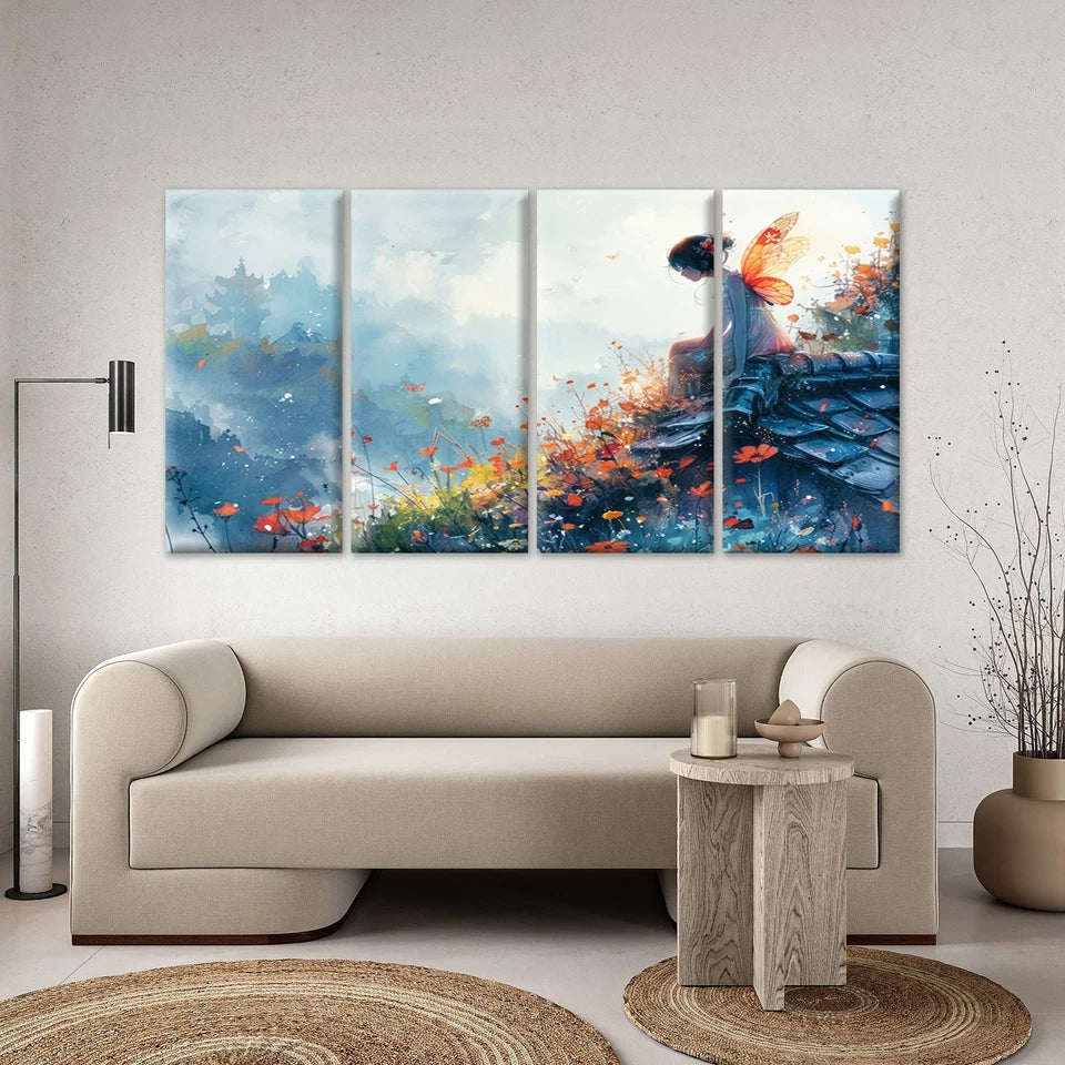 4pcs Whimsical Fairy In Garden Wall Art Canvas Framed 45x80cm - High Quality Print 100% Australian Made Wall Canvas Ready to Hang