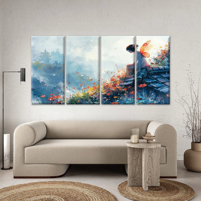 4pcs Whimsical Fairy In Garden Wall Art Canvas Framed 45x80cm - High Quality Print 100% Australian Made Wall Canvas Ready to Hang