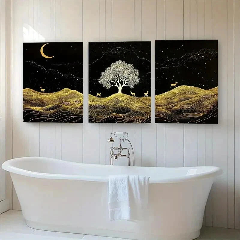 3pcs Elegant Moonlit Deer Tree Night Perfect Wall Art Set Canvas Framed 40x60cm - High Quality Print 100% Australian Made Wall Canvas Ready to Hang