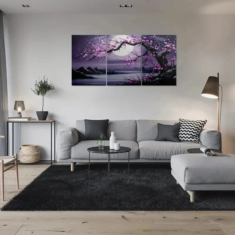 3pcs Cherry Blossom Moonlit Vibrant Pink Metal Print Ready to Hang Art - Bella Home Decor