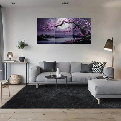 3pcs Cherry Blossom Moonlit Vibrant Pink Metal Print Ready to Hang Art - Bella Home Decor