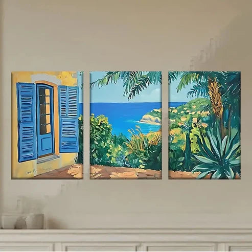 3pcs a painting of a window with a view Wall Art Set Canvas Unframed - High Quality Print 100% Australian Made Wall Canvas