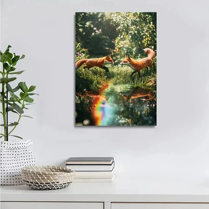 Reative Scene of Fox Chasing Each Painting  40x60cm Metal Print Ready to Hang