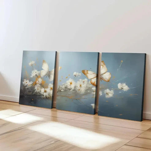 3pcs Two Butterflies Golden And Silver Wings Wall Art Canvas Unframed - High Quality Print 100% Australian Made Wall Canvas