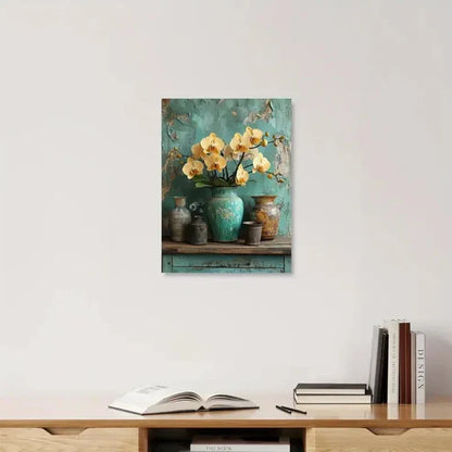 Beautiful Yellow Orchids In An Emerald Vase Painting 60x90cm Metal Print Ready to Hang