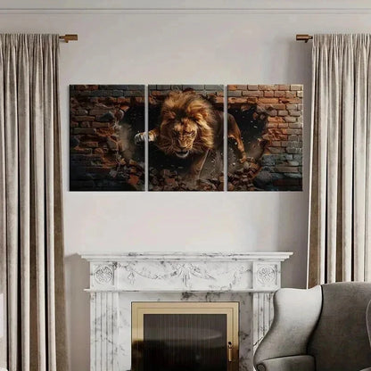 3pcs Majestic Lion Destroying Bricks Wall Art Set Canvas Framed 40x60cm - High Quality Print 100% Australian Made Wall Canvas Ready to Hang - Bella Home Decor