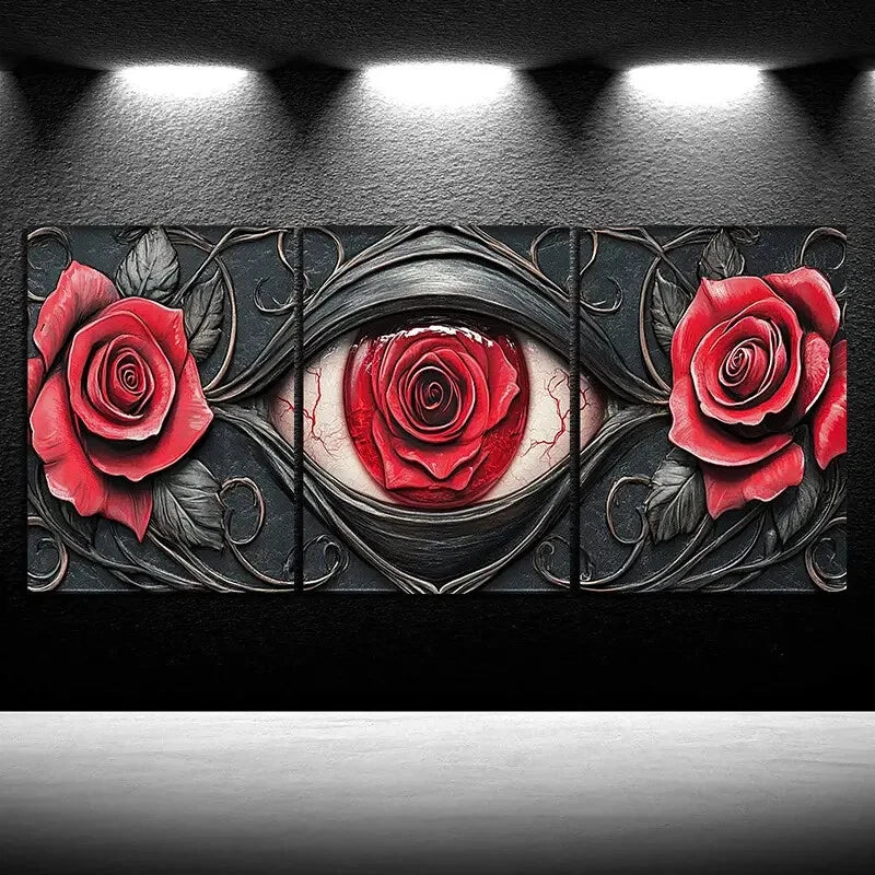3pcs Eyes And Red Elegant Roses Metal Print Ready to Hang Art - Bella Home Decor