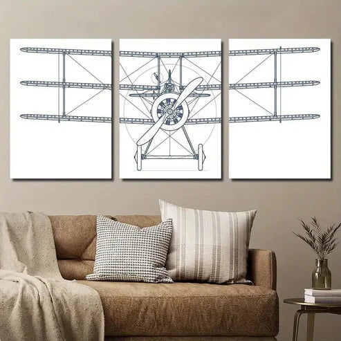 3pcs Simple Airplane Line Wall Art Set Canvas Unframed - High Quality Print 100% Australian Made Wall Canvas