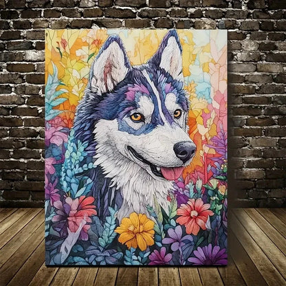 Vibrant Siberian Husky with Flowers Painting 40x60cm Metal Print Ready to Hang - Bella Home Decor