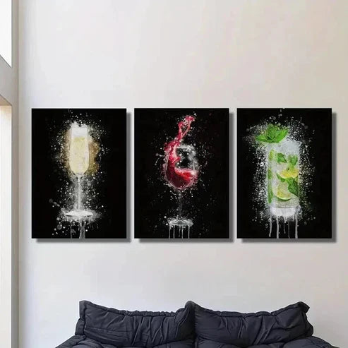3pcs Champagne Glass on Black Background Wall Art Canvas Unframed – High Quality Print 100% Australian Made Wall Canvas - Bella Home Decor