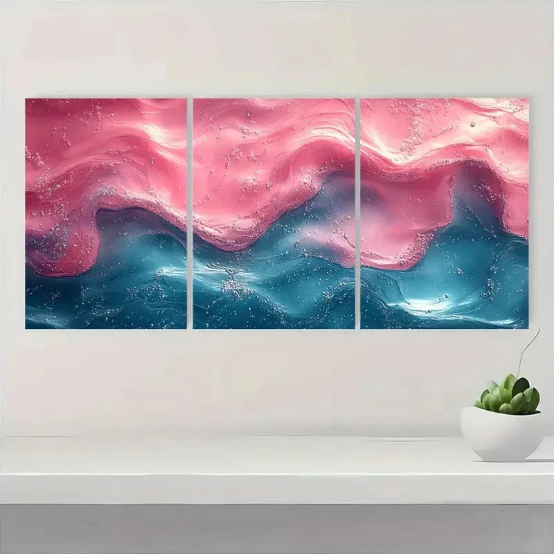 3pcs  Vibrant Pink & Green Swirls on Blue GT    Wall Art Set Canvas Framed 40x60cm - High Quality Print 100% Australian Made Wall Canvas Ready to Hang - Bella Home Decor