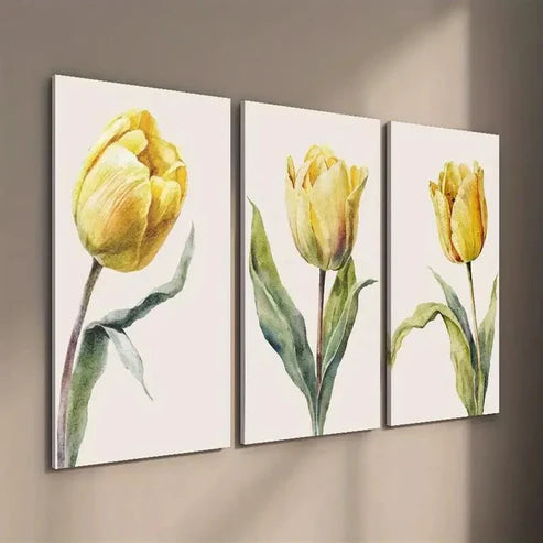 3pcs Vibrant Yellow & Green Tulip Wall Art Set Canvas Unframed - High Quality Print 100% Australian Made Wall Canvas