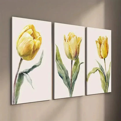 3pcs Vibrant Yellow & Green Tulip Wall Art Set Canvas Unframed - High Quality Print 100% Australian Made Wall Canvas