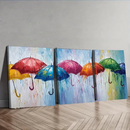 3pcs Rainy Day Umbrella Scene Colorful Perfect Wall Art Set Canvas Unframed - High Quality Print 100% Australian Made Wall Canvas