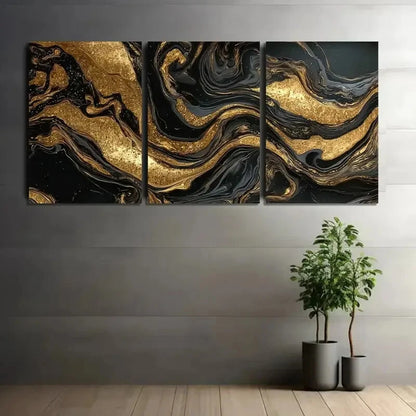 3pcs Black and Golden Marble Pattern Swirls Metal Print Ready to Hang Art - Bella Home Decor