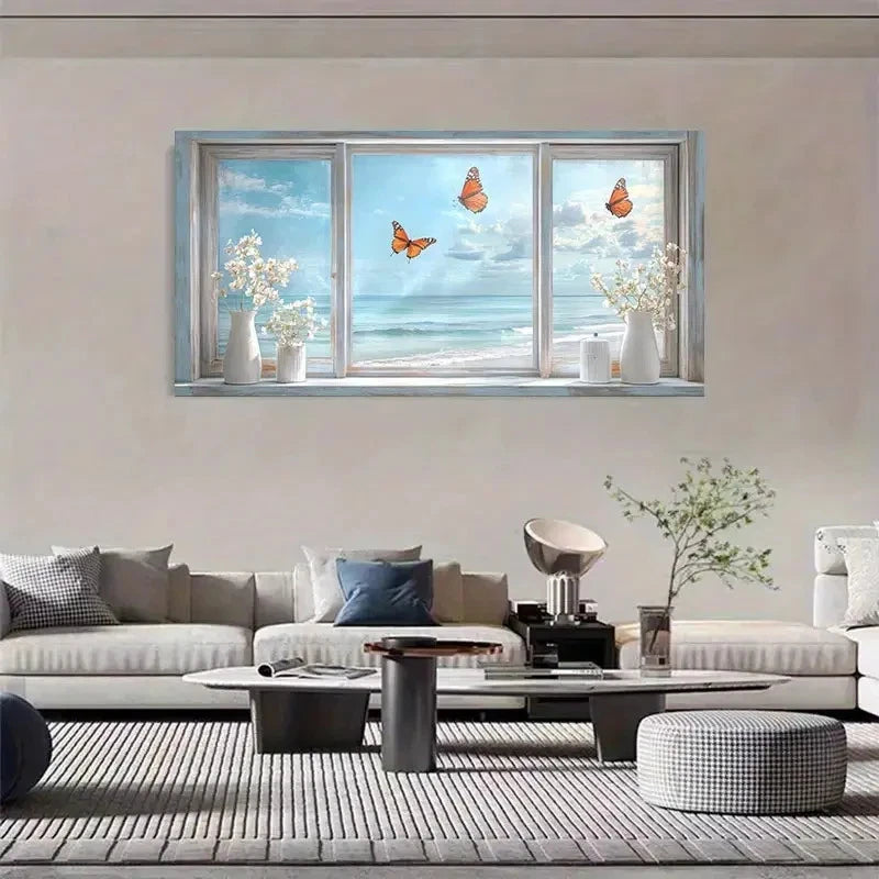 Ocean View With Butterflies Wall Art Canvas Office Home Room Framed 120x60cm