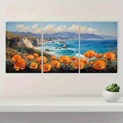 3pcs California Poppy & Big Sur Coast Wall Art Canvas Unframed - High Quality Print 100% Australian Made Wall Canvas - Bella Home Decor
