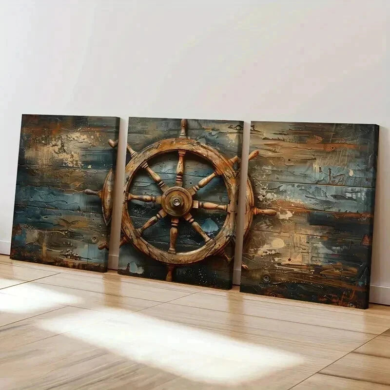 3pcs Nautical Ship Wheel Artwork Vintage Wall Art Set Canvas Framed 60x90cm - High Quality Print 100% Australian Made Wall Canvas Ready to Hang - Bella Home Decor
