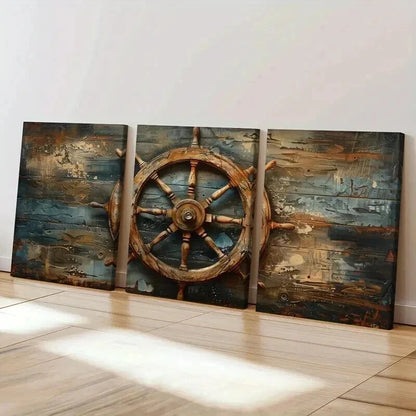 3pcs Nautical Ship Wheel Artwork Vintage Wall Art Set Canvas Framed 60x90cm - High Quality Print 100% Australian Made Wall Canvas Ready to Hang - Bella Home Decor