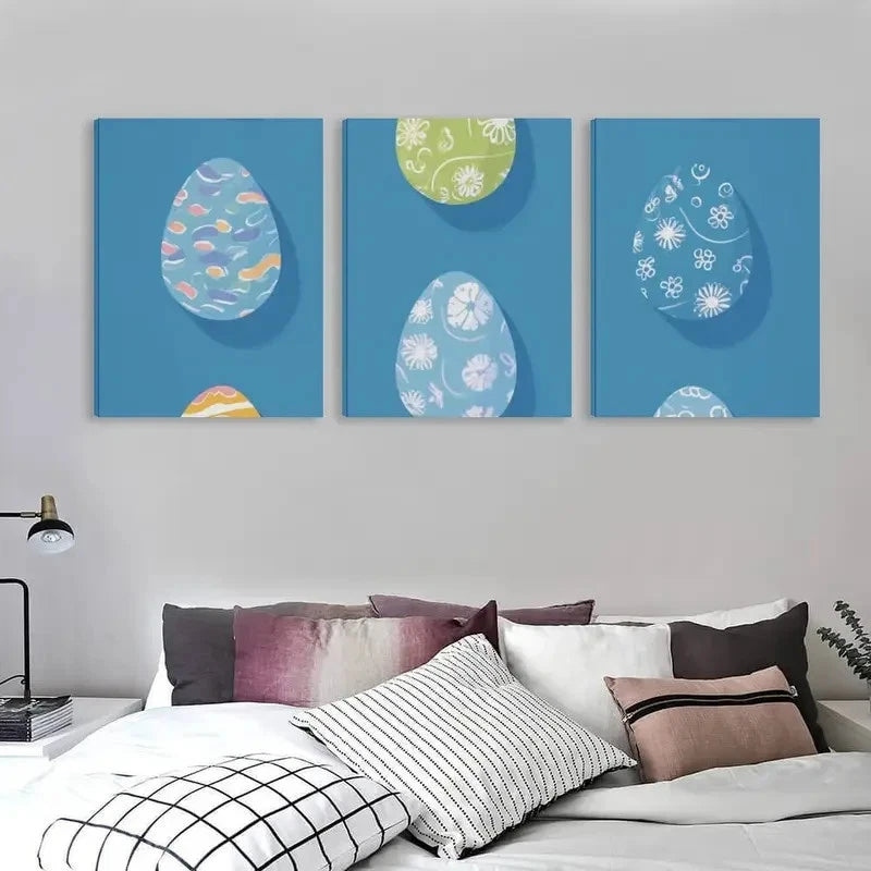 3pcs Easter Decor with Pastel Blue & Floral  Wall Art Set Canvas Framed 50x70cm - High Quality Print 100% Australian Made Wall Canvas Ready to Hang - Bella Home Decor