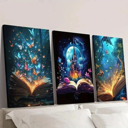 3pcs Magical Creatures Book Butterflies & Castle Wall Art Canvas Unframed - High Quality Print 100% Australian Made Wall Canvas