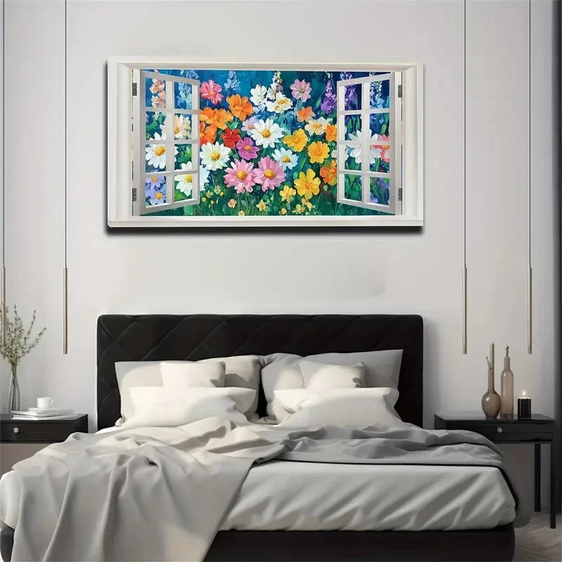 Vibrant Floral Faux Window Dark Wall Art Canvas Office Home Room Framed 120x60cm
