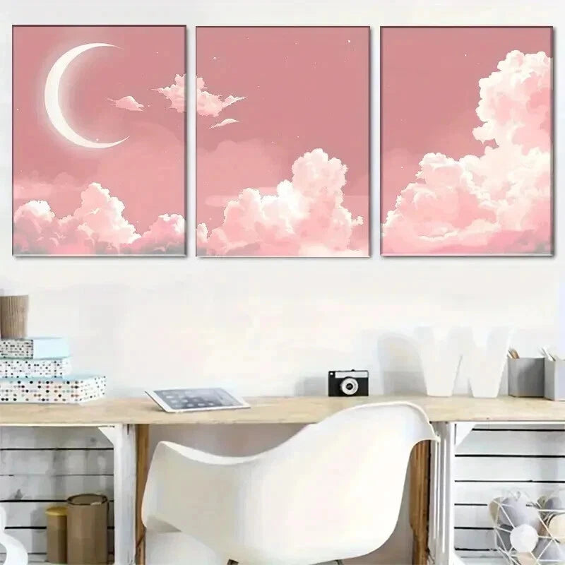 3pcs Pink Moon & Clouds Starry Sky Perfect Wall Art Set Canvas Framed 60x90cm - High Quality Print 100% Australian Made Wall Canvas Ready to Hang - Bella Home Decor