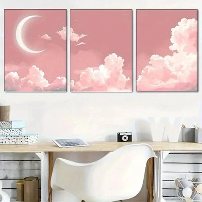 3pcs Pink Moon & Clouds Starry Sky Perfect Wall Art Set Canvas Framed 60x90cm - High Quality Print 100% Australian Made Wall Canvas Ready to Hang - Bella Home Decor