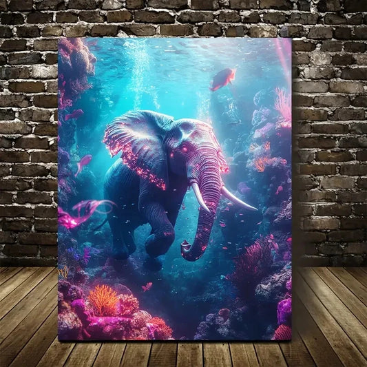 Beautiful Cyberpunk Elephant Underwater Scene Painting 40x60cm Metal Print Ready to Hang