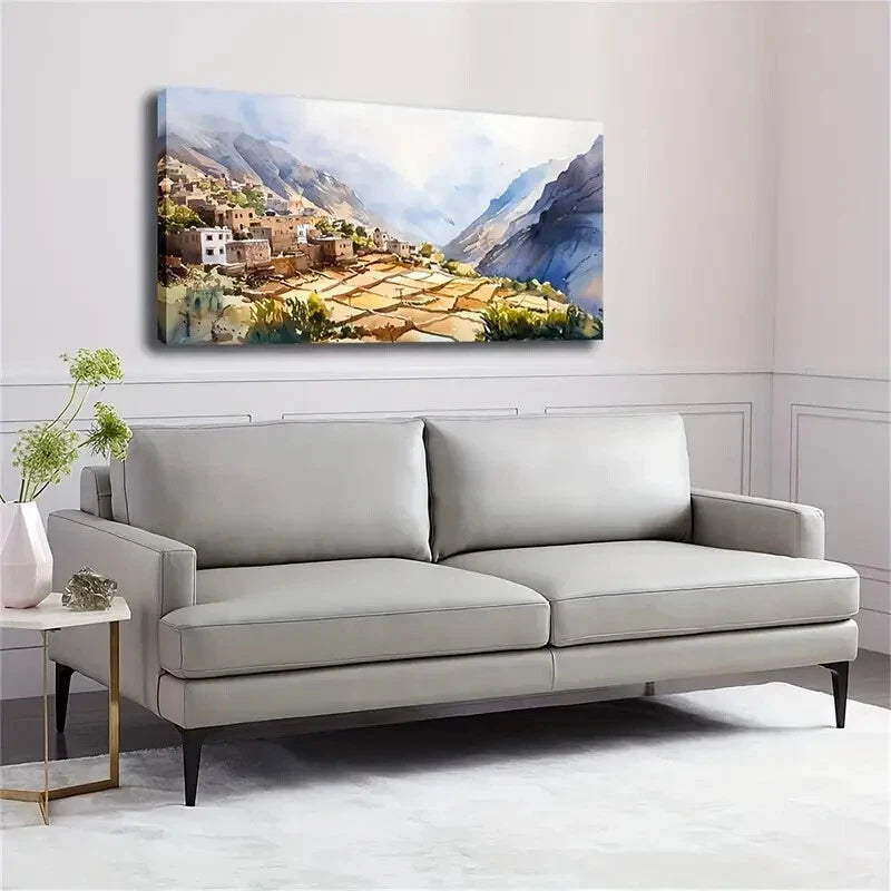 Mountain Village Scene Décor Wall Art Canvas Office Home Room Framed 120x60cm - Bella Home Decor