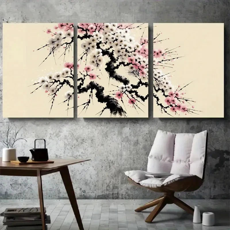 3pcs Elegant Pink and White Plum Blossom Wall Art Set Canvas Framed 60x90cm - High Quality Print 100% Australian Made Wall Canvas Ready to Hang