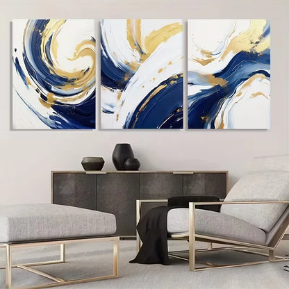 3pcs Navy Blue and Golden Watercolor Shapes  Wall Art Set Canvas Framed 50x70cm - High Quality Print 100% Australian Made Wall Canvas Ready to Hang