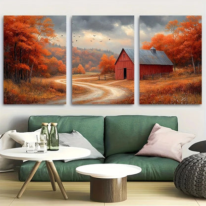 3pcs Autumn Barn Scene Rustic Countryside Metal Print Ready to Hang Art - Bella Home Decor