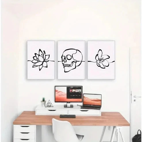 3pcs Skull Art Print Set Black & White Line Wall Art Set Canvas Unframed - High Quality Print 100% Australian Made Wall Canvas