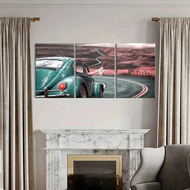3pcs Vintage Car Travel Scenery Modern Wall Art Set Canvas Framed 50x70cm - High Quality Print 100% Australian Made Wall Canvas Ready to Hang