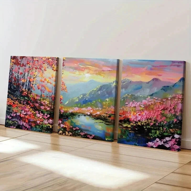 3pcs Mountain Landscape Colorful Trees Serene  Wall Art Set Canvas Framed 50x70cm - High Quality Print 100% Australian Made Wall Canvas Ready to Hang - Bella Home Decor